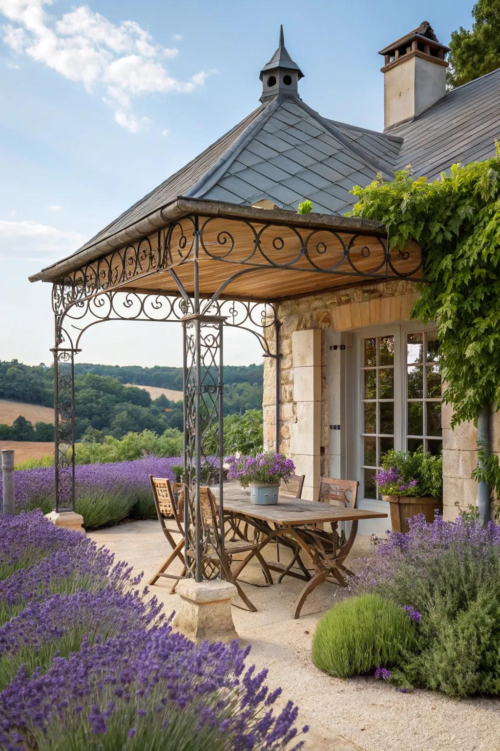 French countryside charm with lavender and rustic touches.