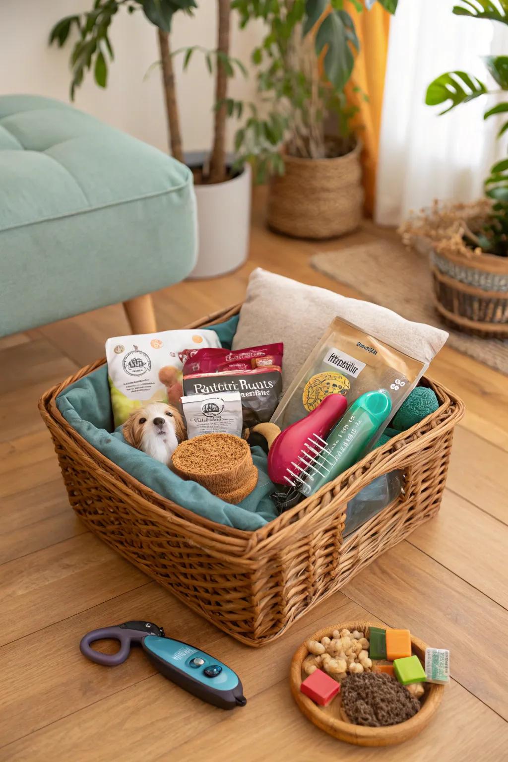 Pamper your pets with this delightful pet lover's treat basket.