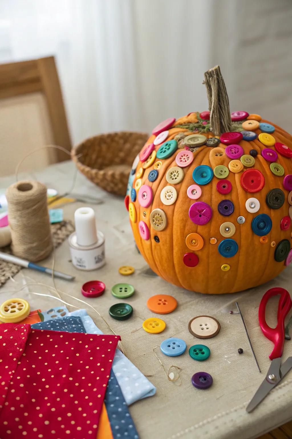 A button-covered pumpkin, showcasing a playful and creative design.