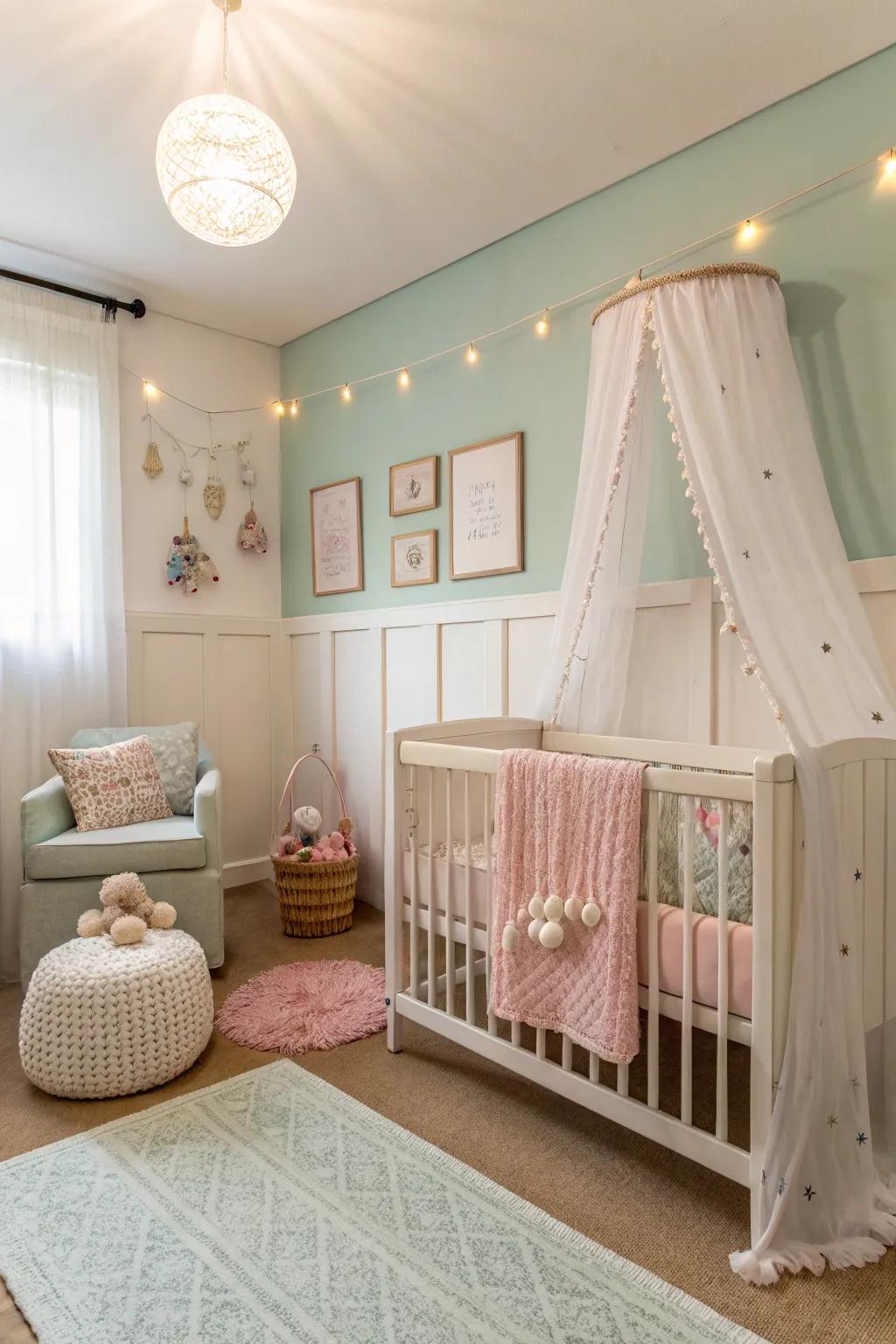 A light color palette can make a small nursery feel more open and inviting.