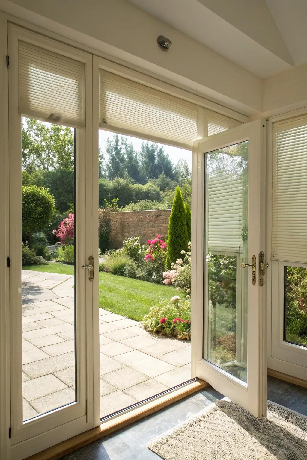 Patio doors with blinds combine privacy with convenience.