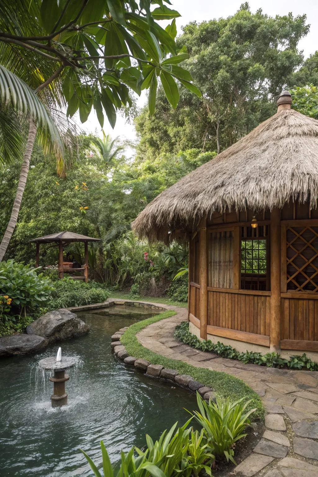 Water features add a peaceful element to your tiki hut.