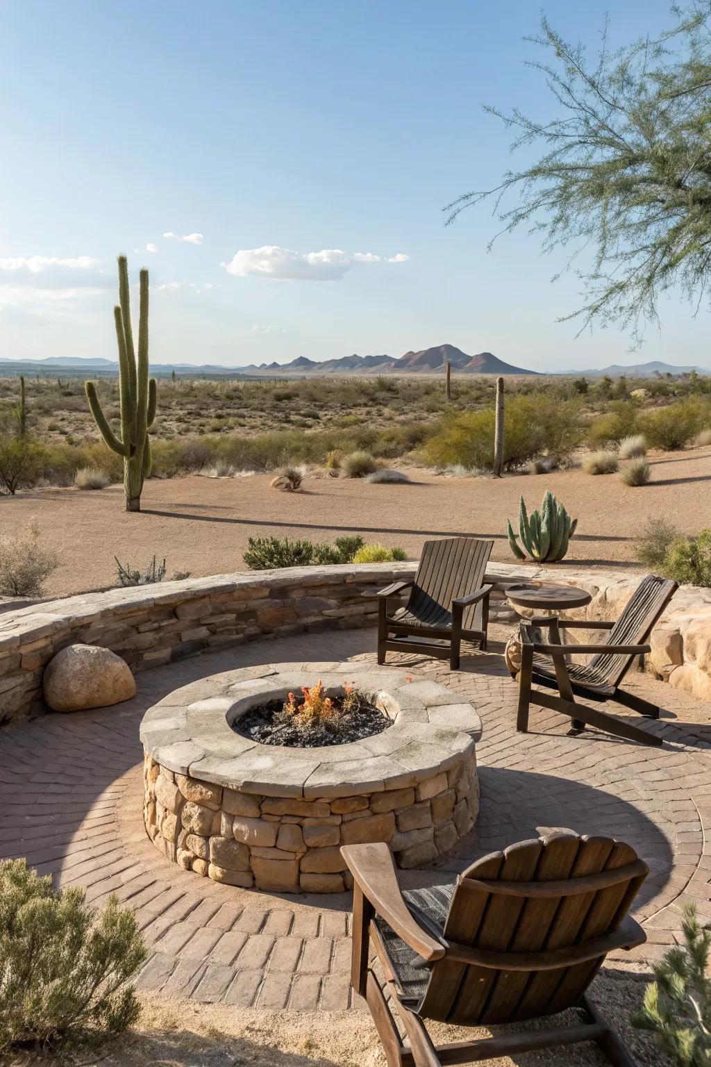 A firepit adds warmth and serves as a focal point for gatherings in a desert backyard.