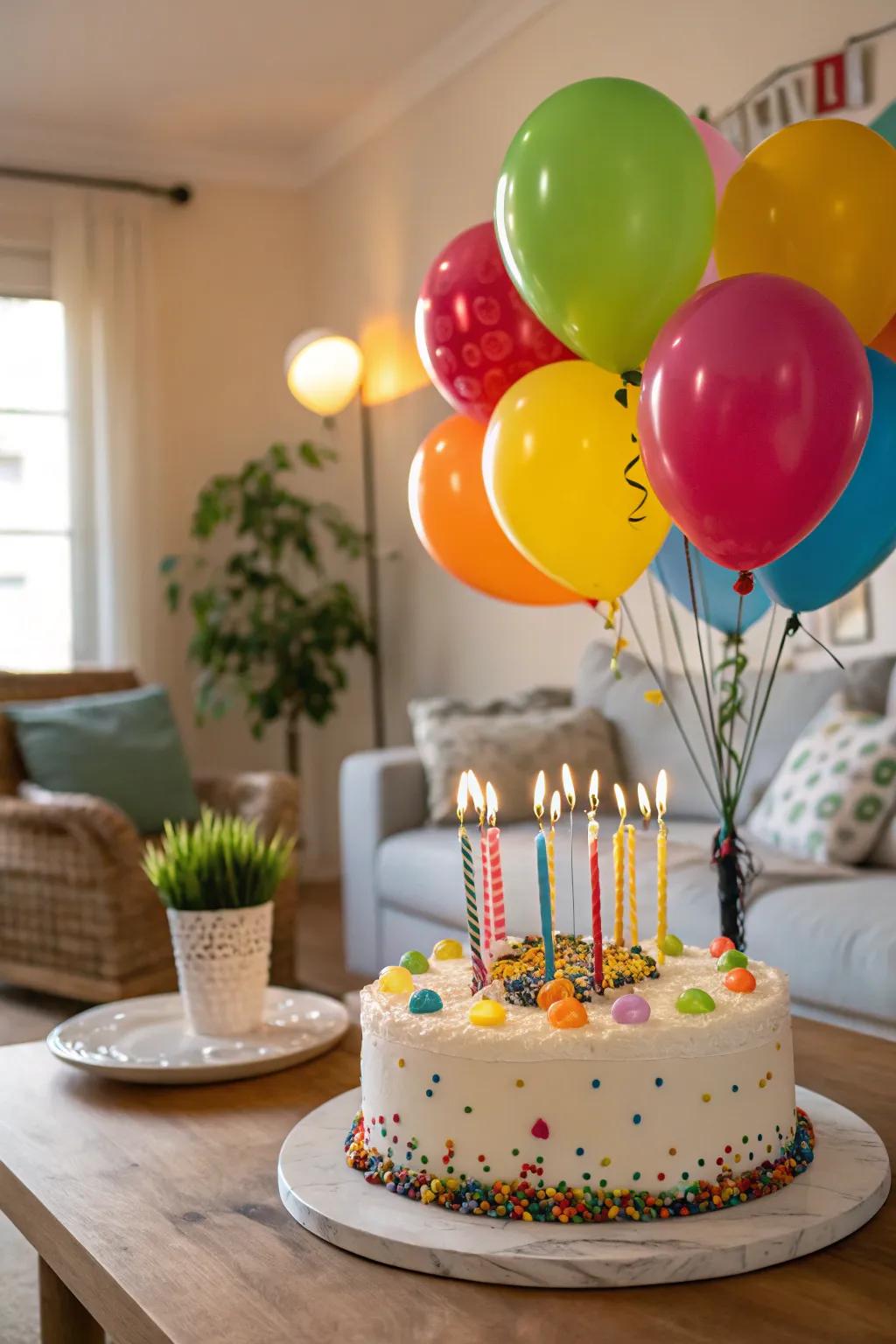 Balloon cake toppers add a playful touch to the dessert.