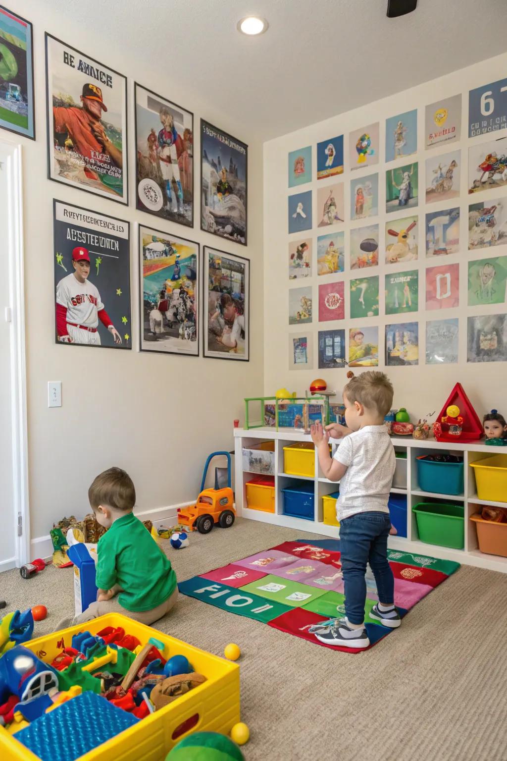 Add a playful touch with a baseball card collage mural.