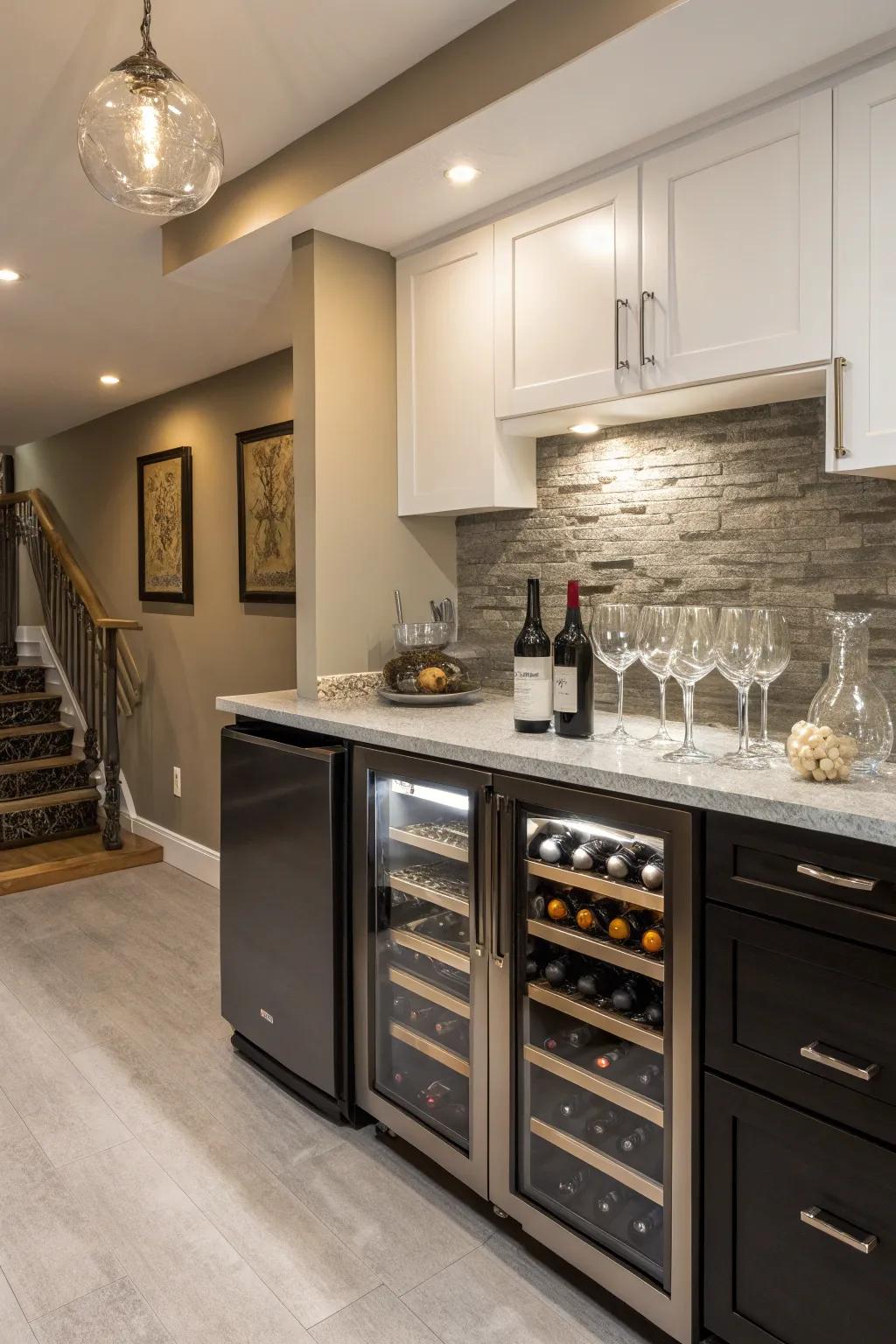 A wine fridge is a luxurious addition to any basement kitchen.