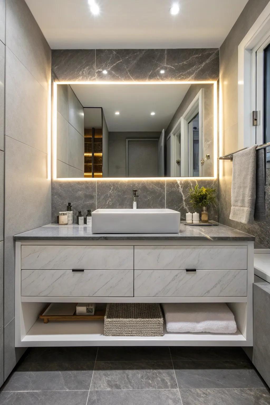 A floating vanity in an alcove creates a spacious and modern look.