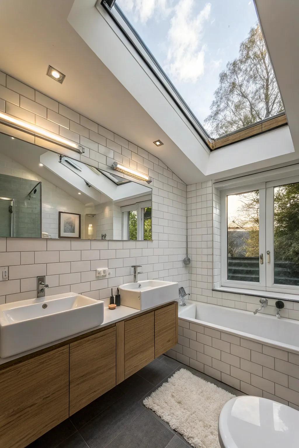 A skylight above the bulkhead brightens the bathroom naturally.