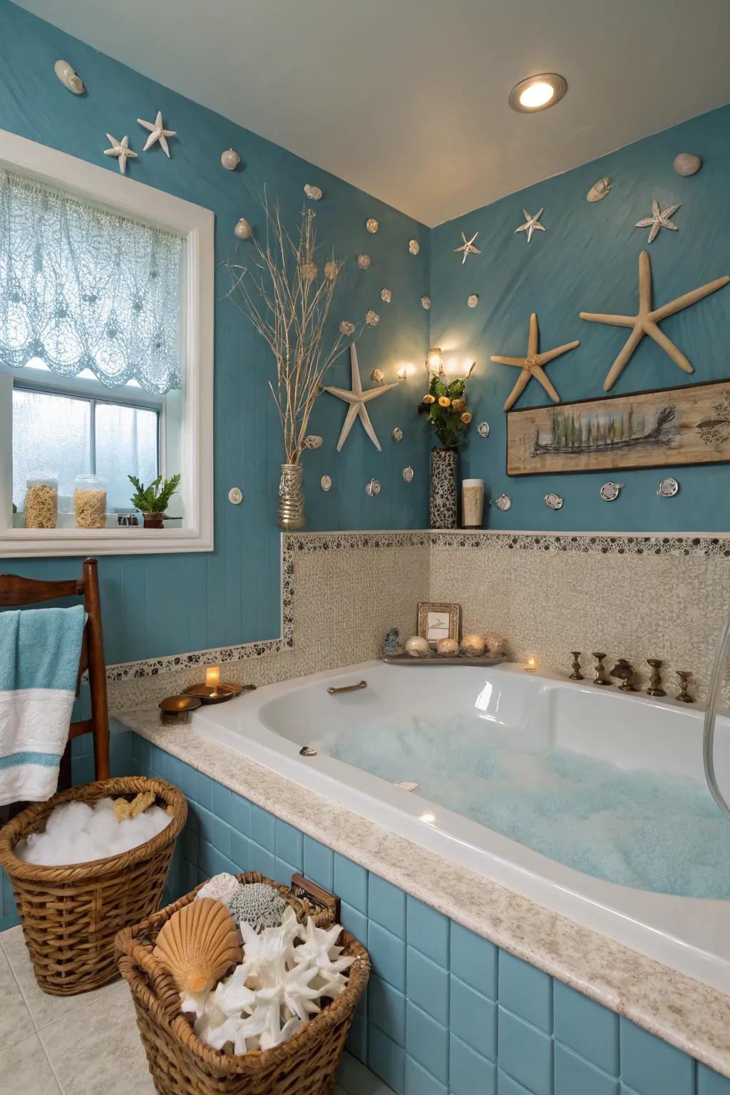 Oceanic blue walls provide a calming, spa-like atmosphere.