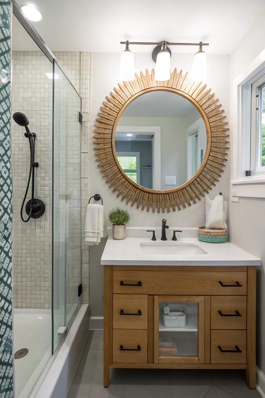 A statement mirror that adds style and makes the bathroom feel larger.