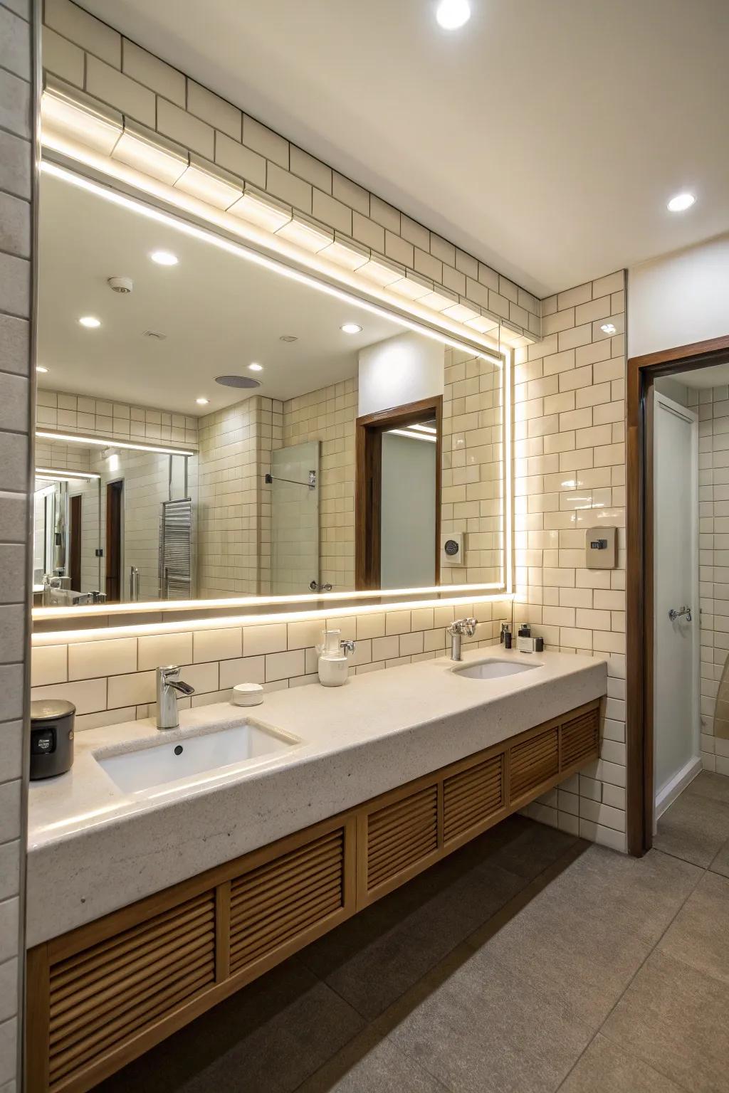 A bathroom featuring a large mirror to create an expansive feel.