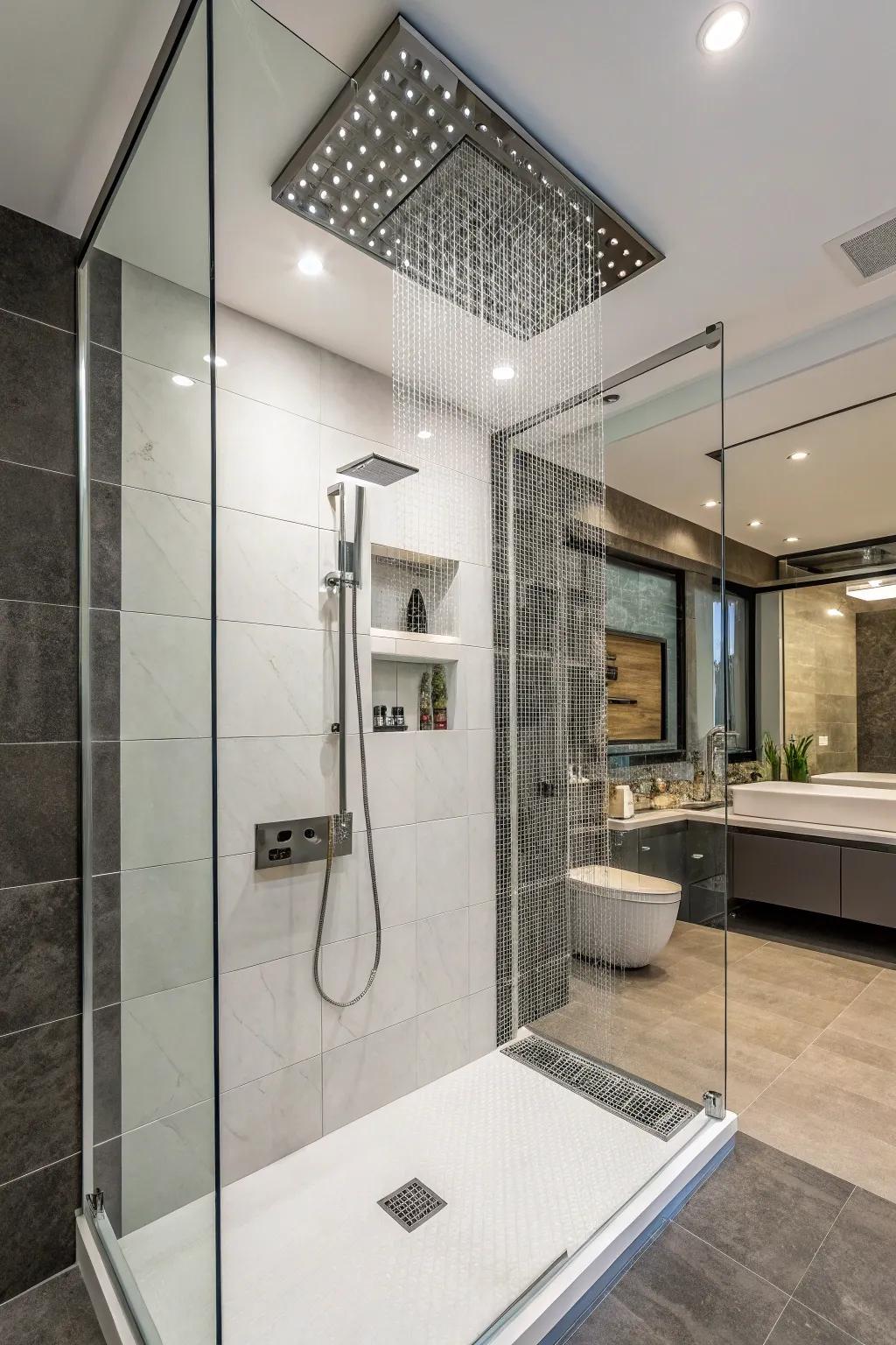 A statement showerhead adds luxury and style.