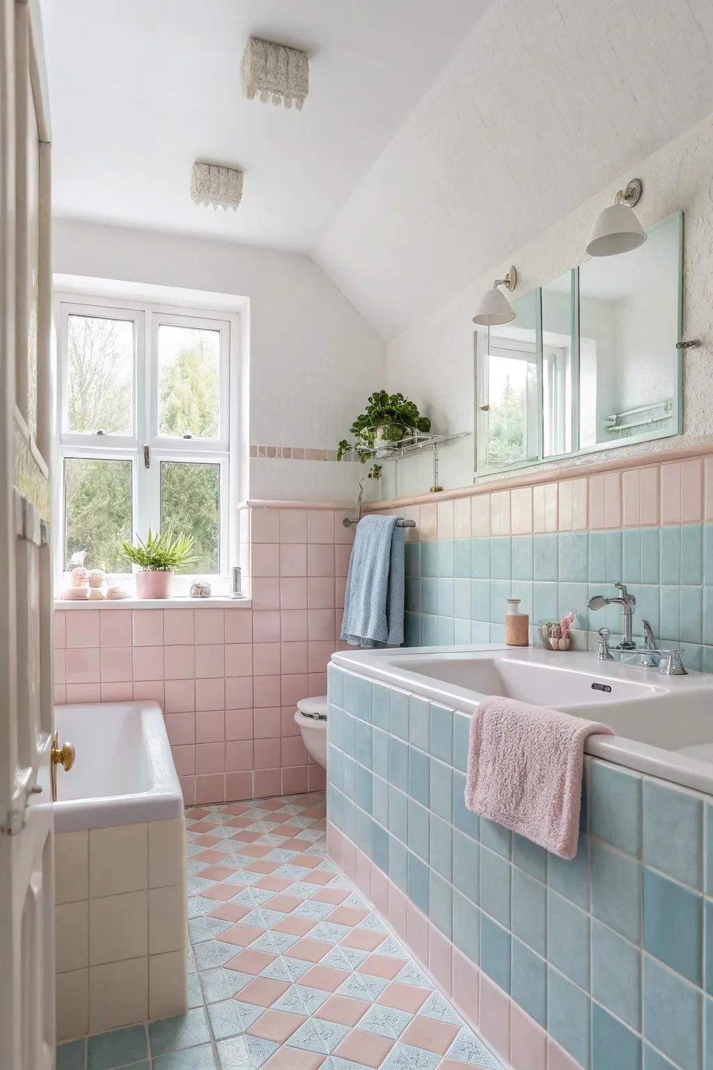 Pastel hues create a soothing and calming bathroom atmosphere.