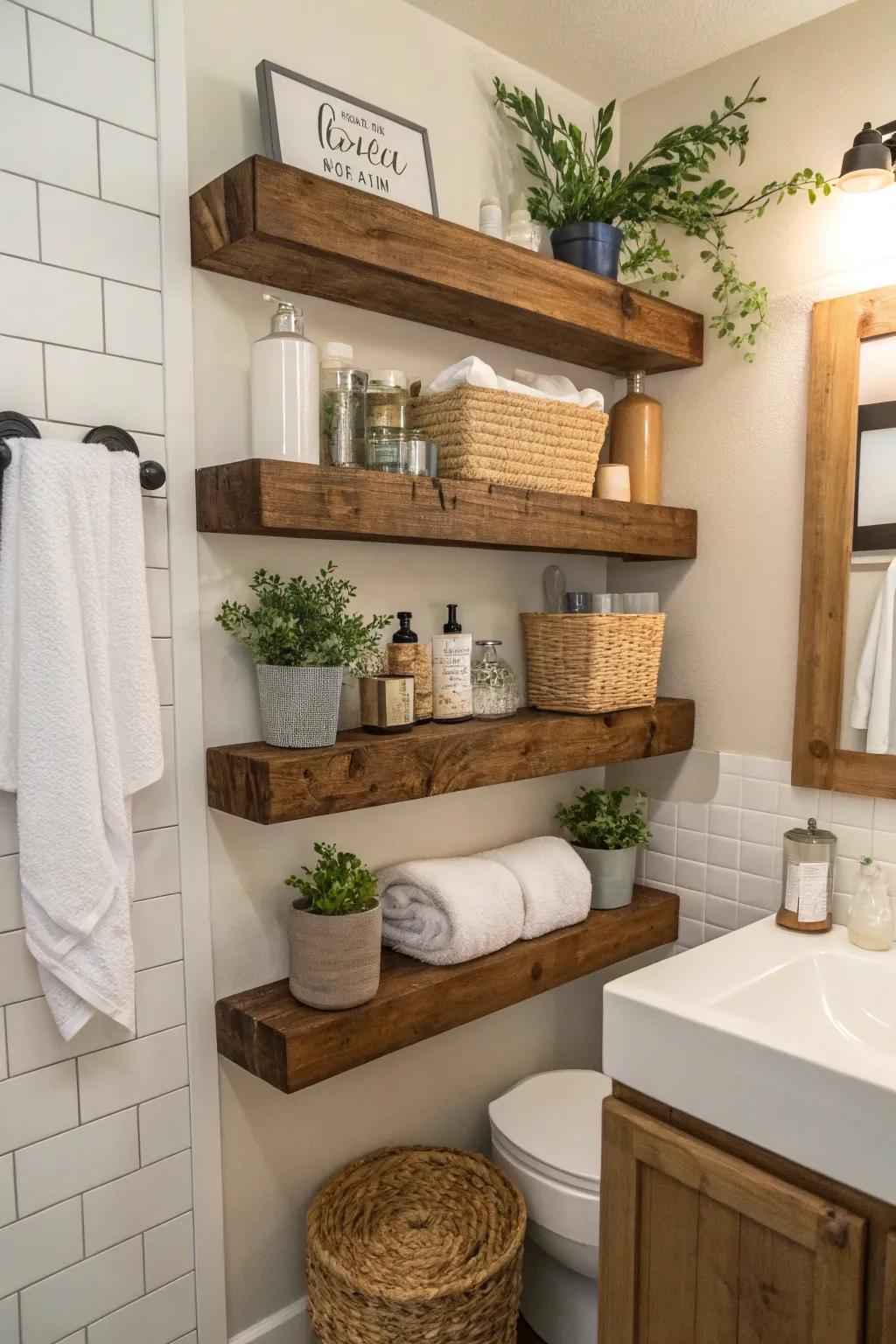 Floating shelves maximize storage and add style to this bathroom.