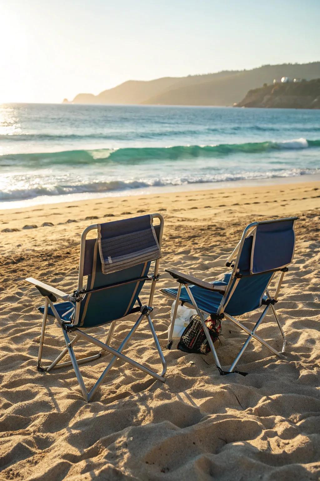 Foldable beach chairs provide flexibility for your beach adventures.