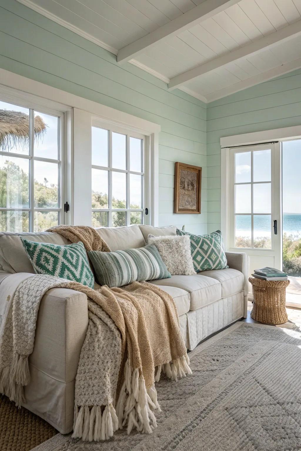 Layered textiles add warmth and comfort to this beach house living room.