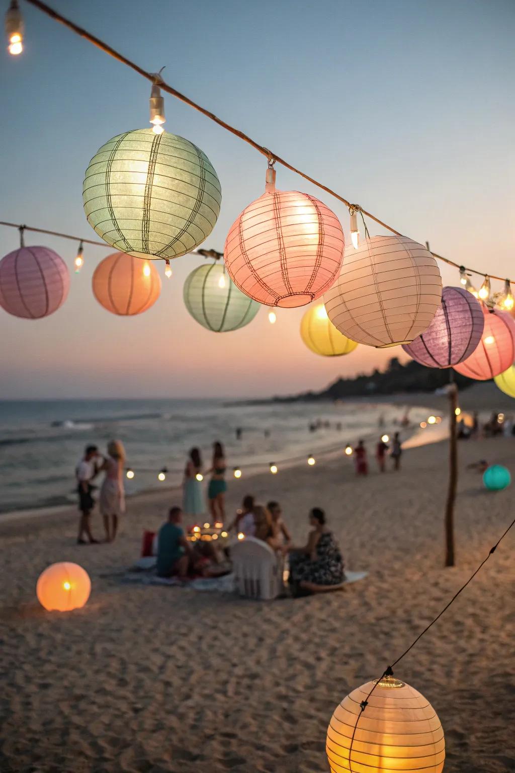 Colorful paper lanterns gently swaying in the beach breeze.