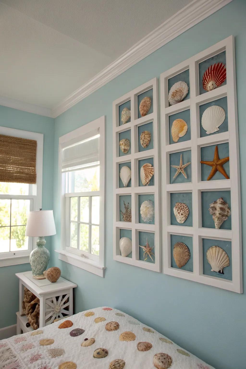 Seashell shadowboxes add a personal and artistic touch.