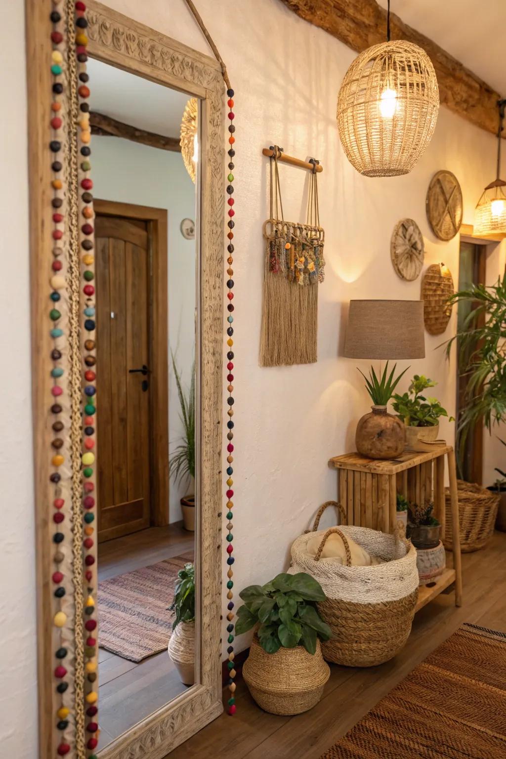 A bead-accented mirror adding boho charm to the hallway.