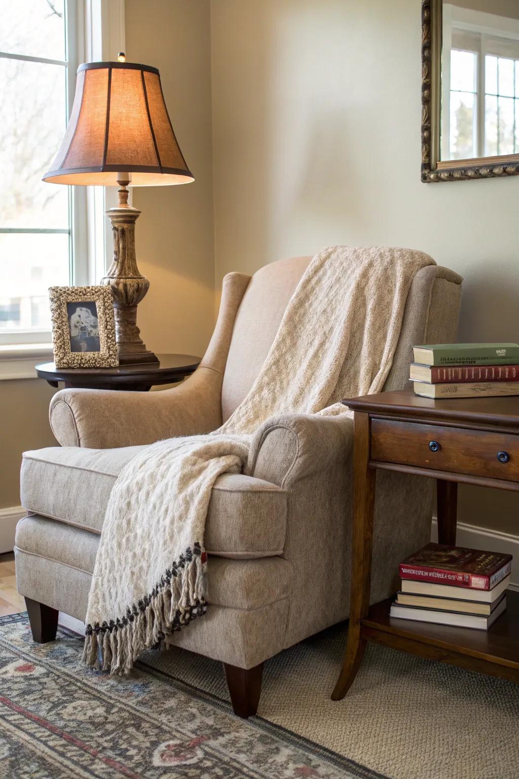 A cozy corner invites relaxation and comfort in this living room.