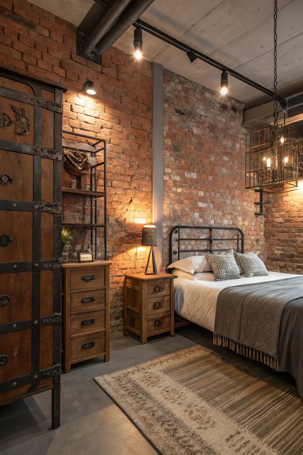 A characterful bedroom with an exposed brick backdrop.