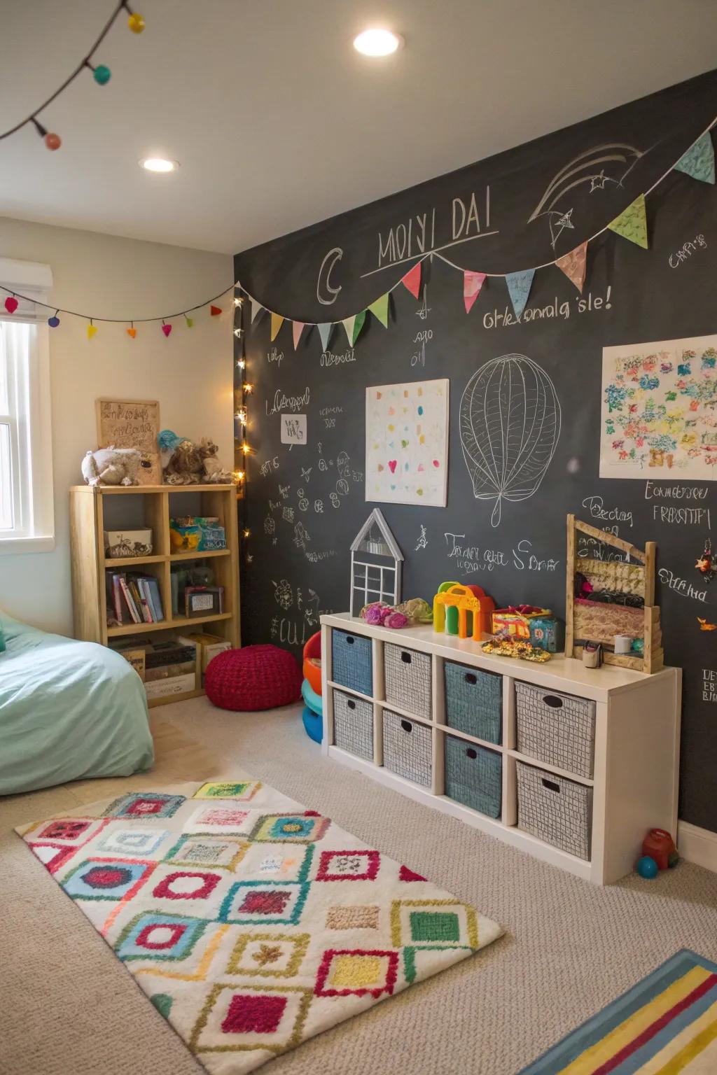 A chalkboard wall in a toddler's bedroom, fostering creativity and interactive play.