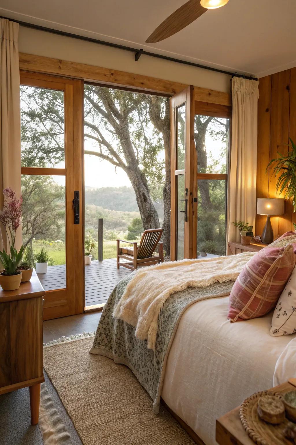 Wooden sliding doors add natural warmth and texture, creating a cozy and inviting bedroom space.