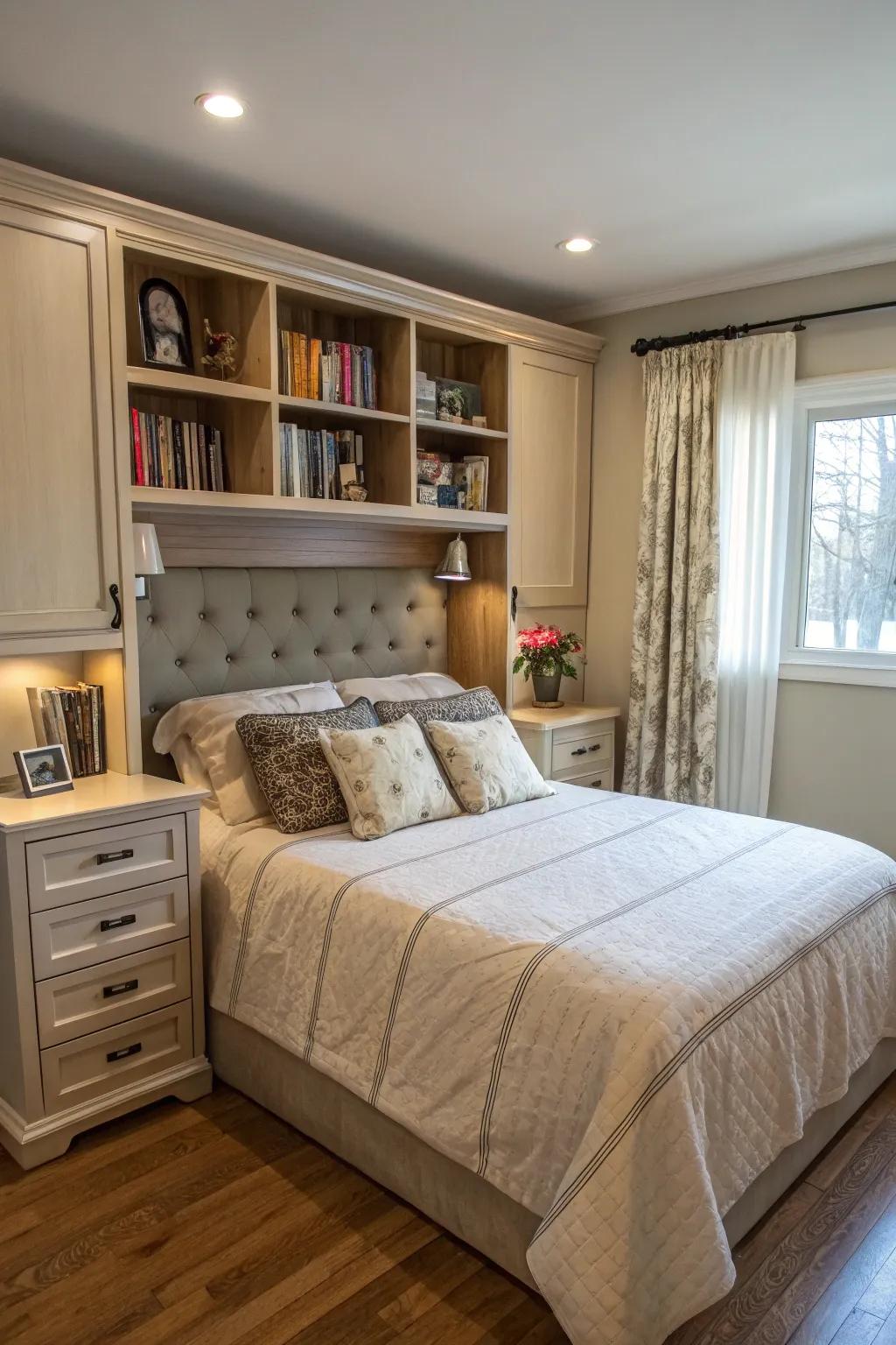 Headboards with built-in storage offer a practical solution for bedside organization.