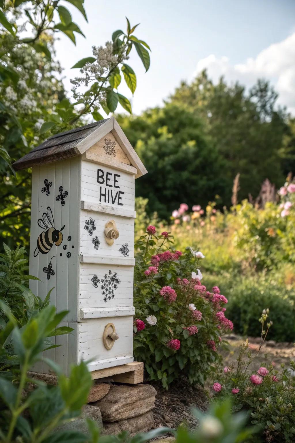 A personalized bee hive featuring initials and meaningful symbols.