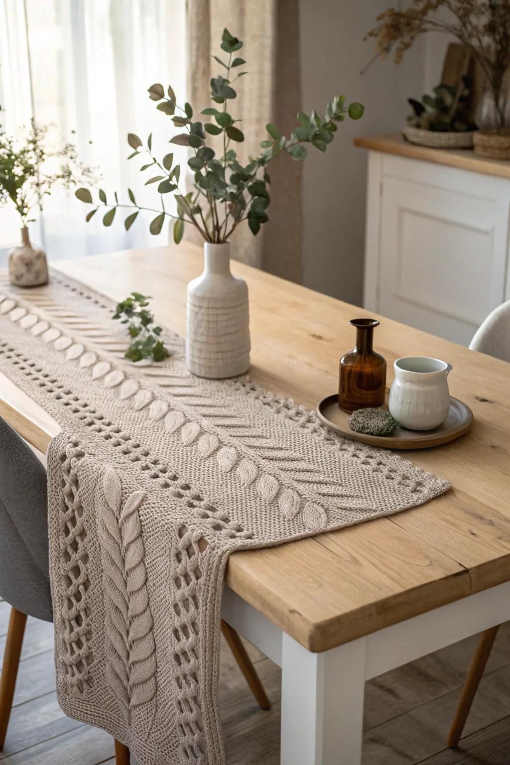 Add a touch of handcrafted elegance to your dining space with this simple knitted table runner.