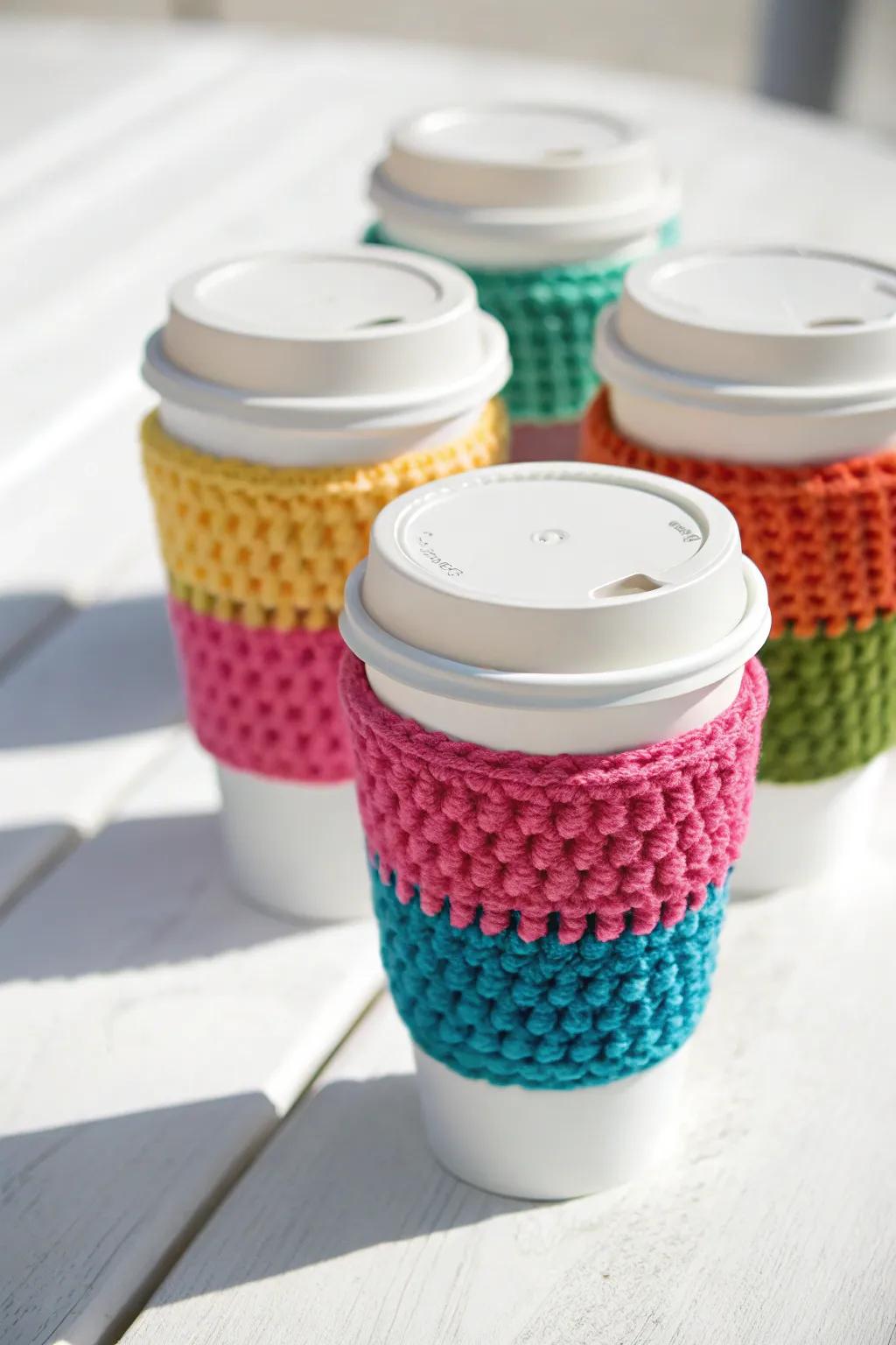 Crochet coffee cozies make your morning routine more colorful.