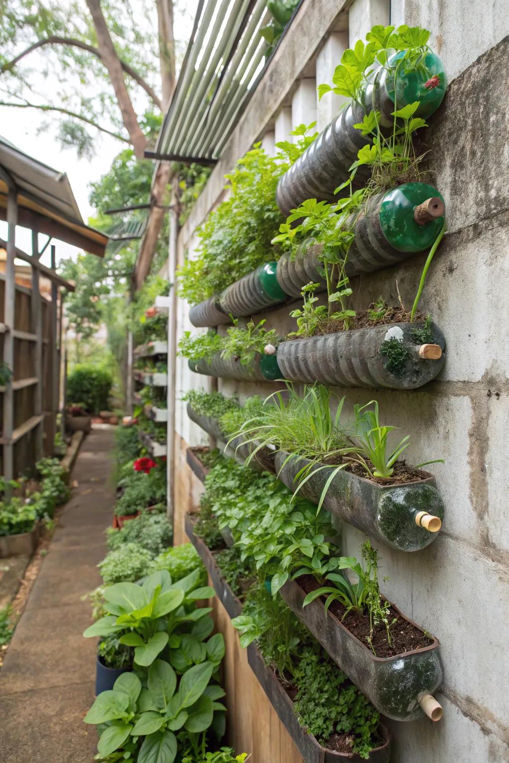 A lush vertical garden from recycled bottles.