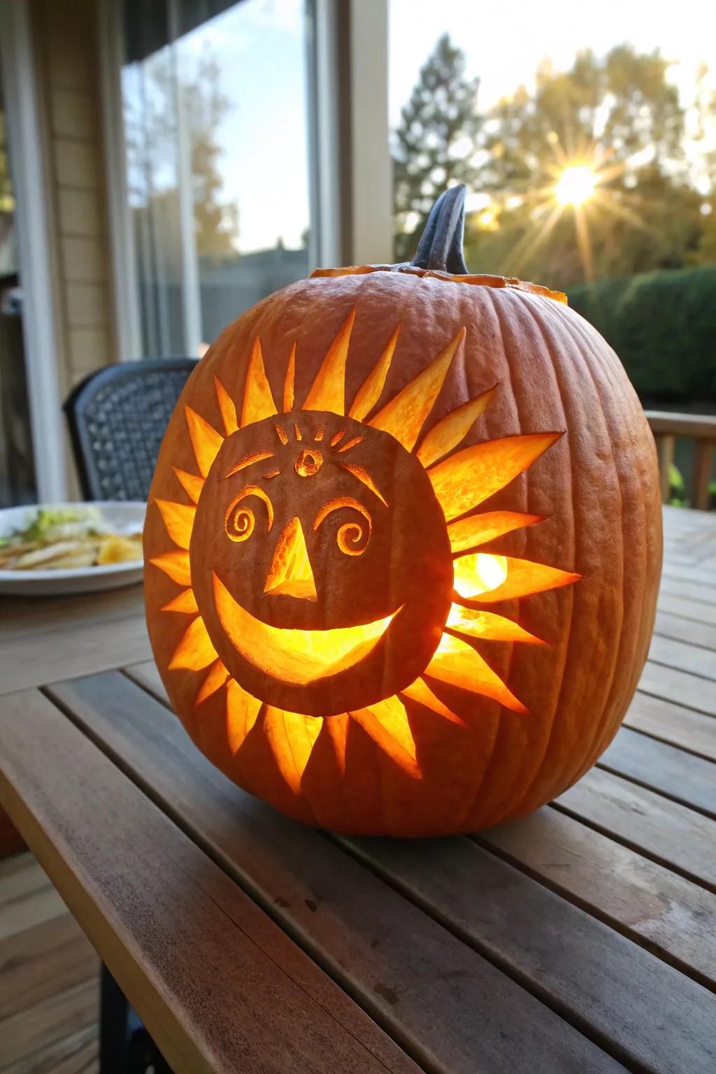 Brighten your porch with a giant smiling sun pumpkin.