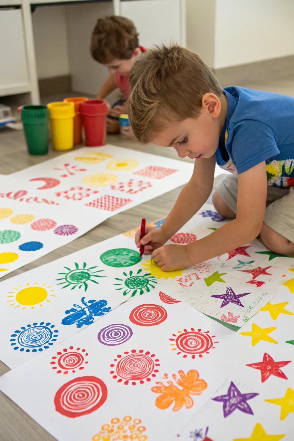 Creative stamped patterns, a delightful discovery for little artists.