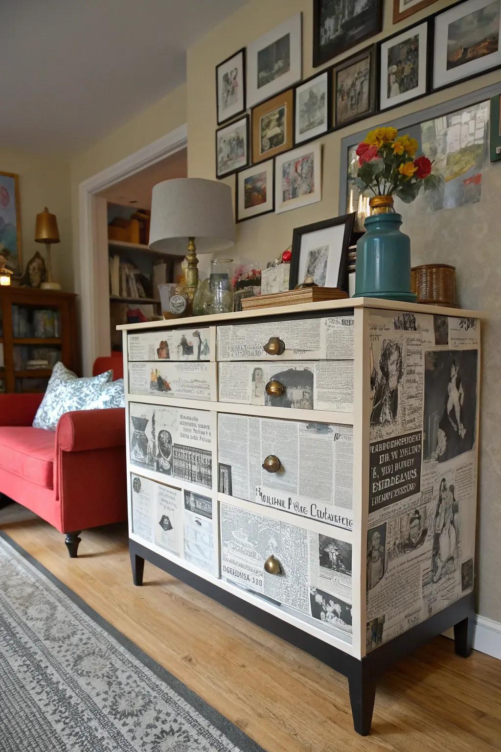 A decoupage dresser that reflects personality with black and white newspaper clippings.