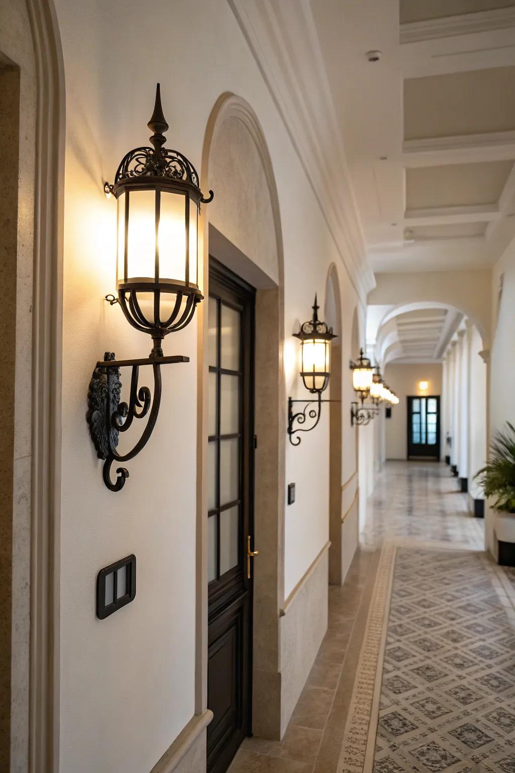 Wall sconces add light and style to this inviting hallway.