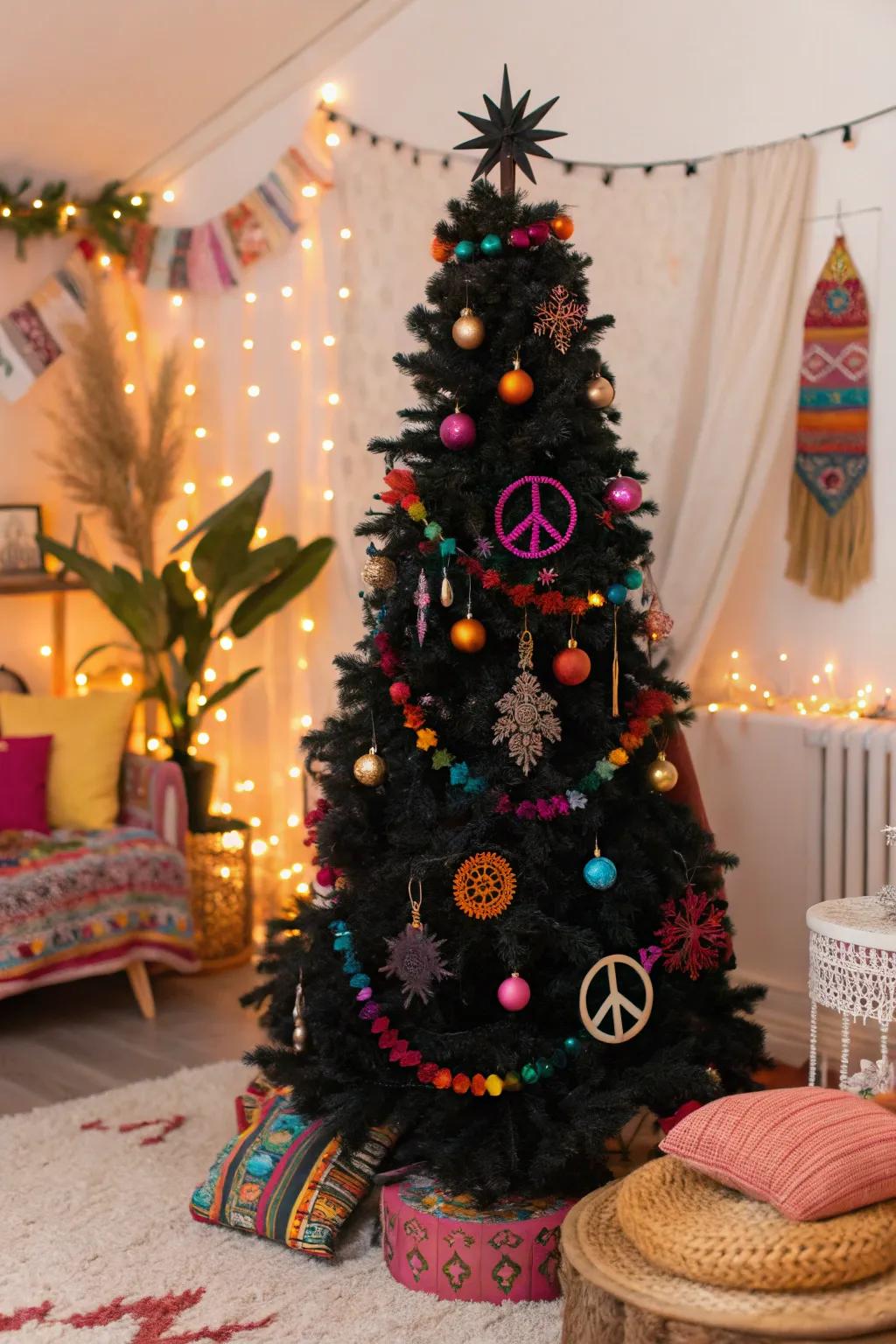 A colorful bohemian-style black Christmas tree with a mix of vibrant decorations.