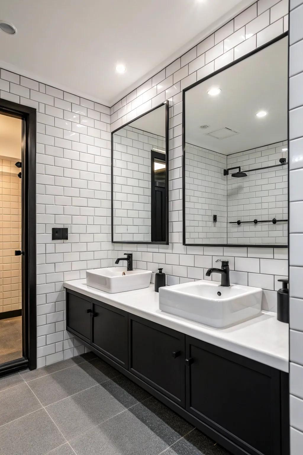 A bathroom featuring elegant black fixtures against a white backdrop.