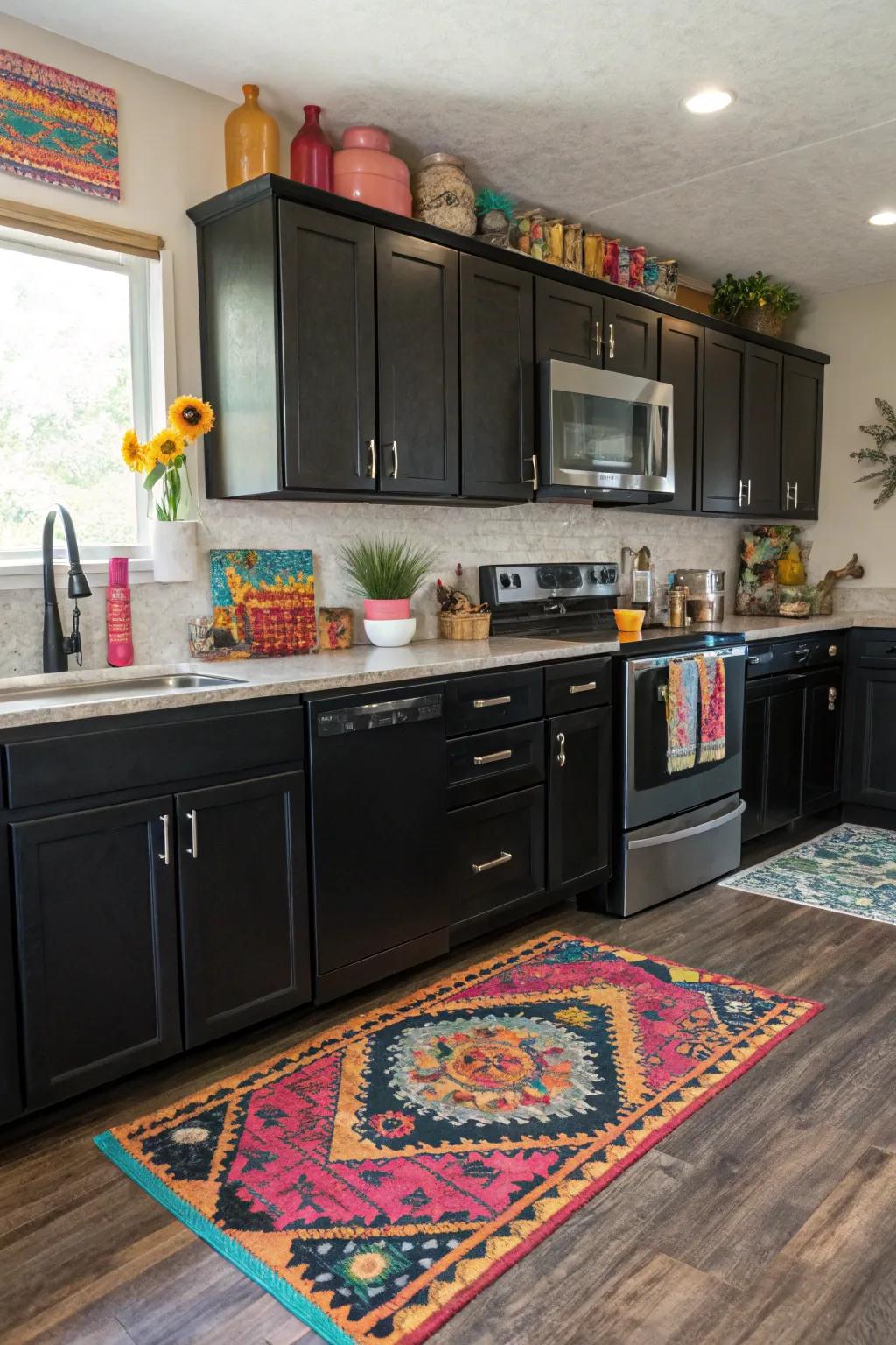 Colorful accessories bringing vibrancy to a kitchen with black cabinetry.