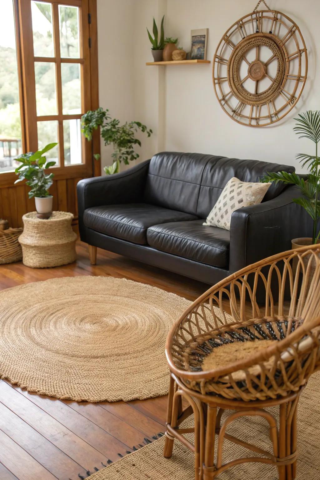 Natural textures like rattan and jute balance the modern black leather sofa.