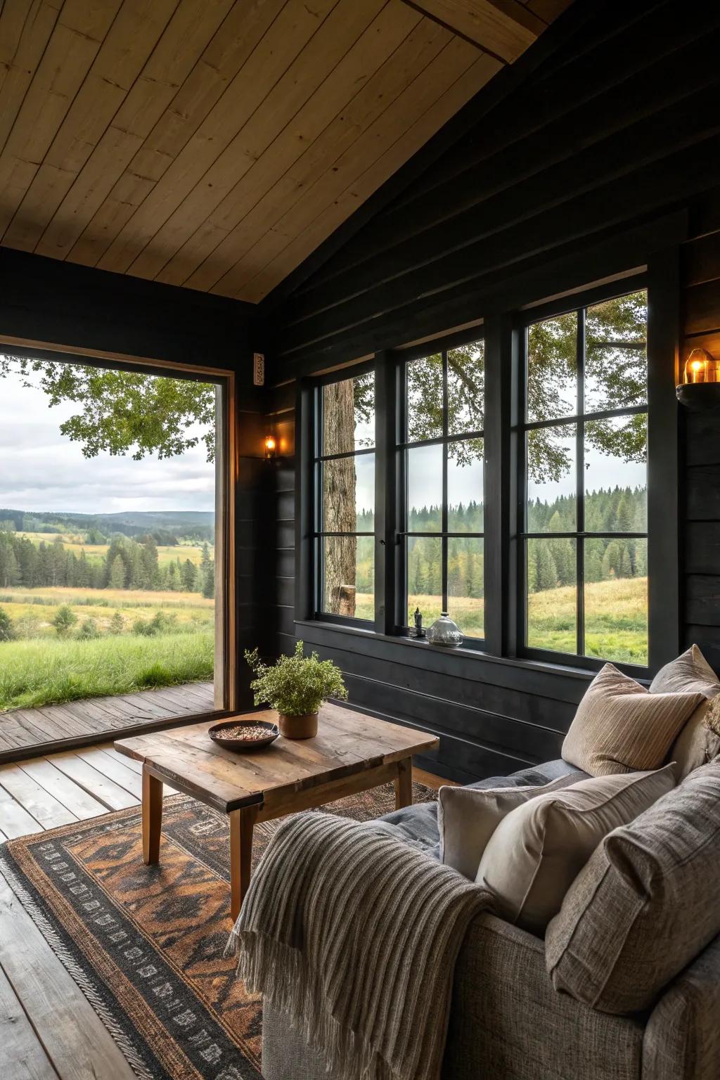 A modern rustic living room with black shiplap walls.