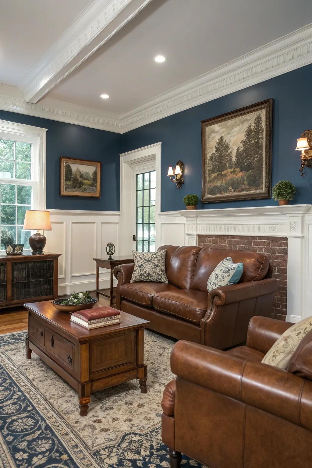 A classic living room featuring a blue accent wall with white trim.