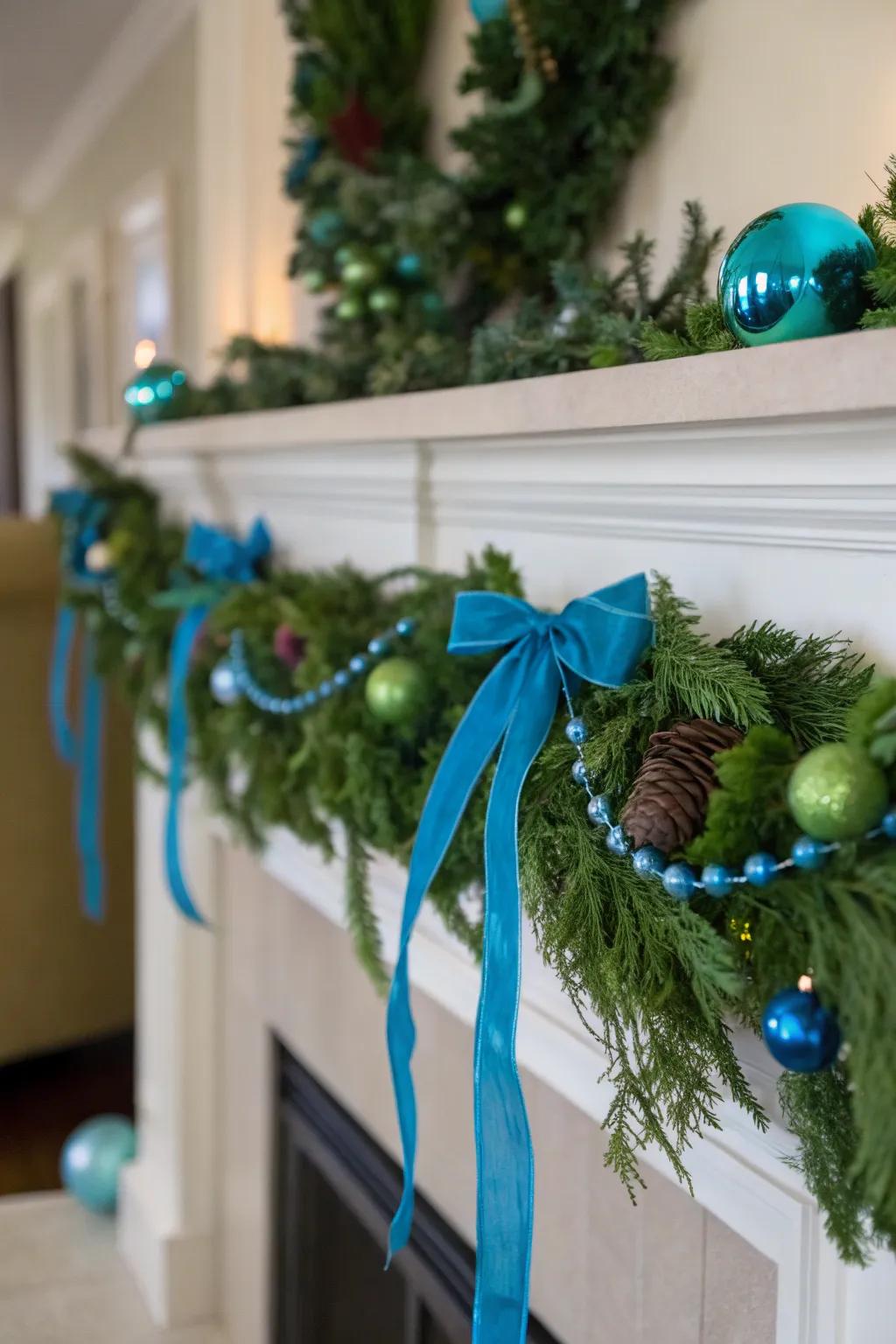 Blue garland accents add a pop of color to traditional holiday greenery.