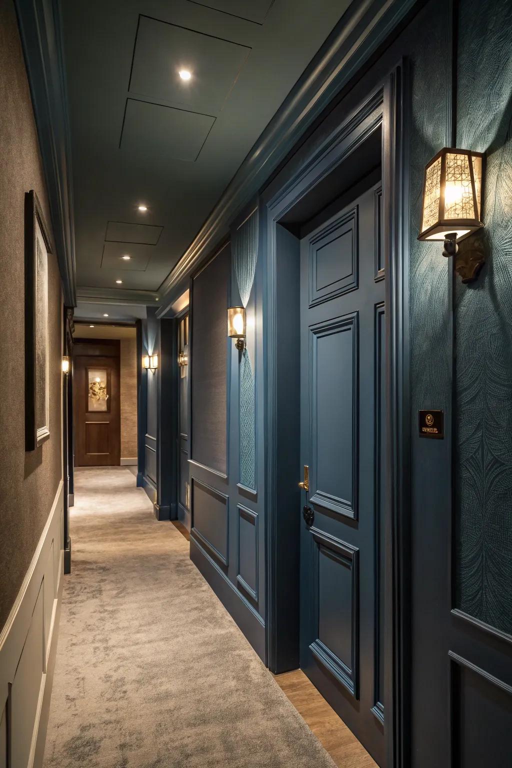 Dark blue walls create a moody and intimate environment.