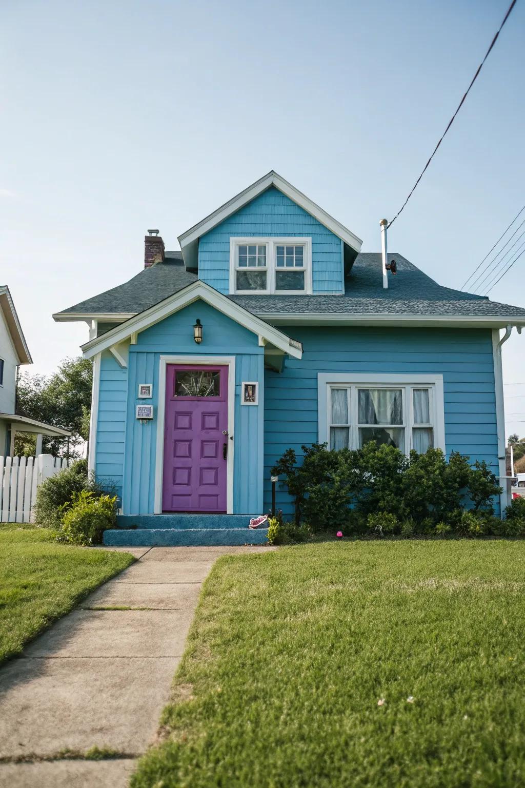 Purple doors introduce a creative flair to blue houses.