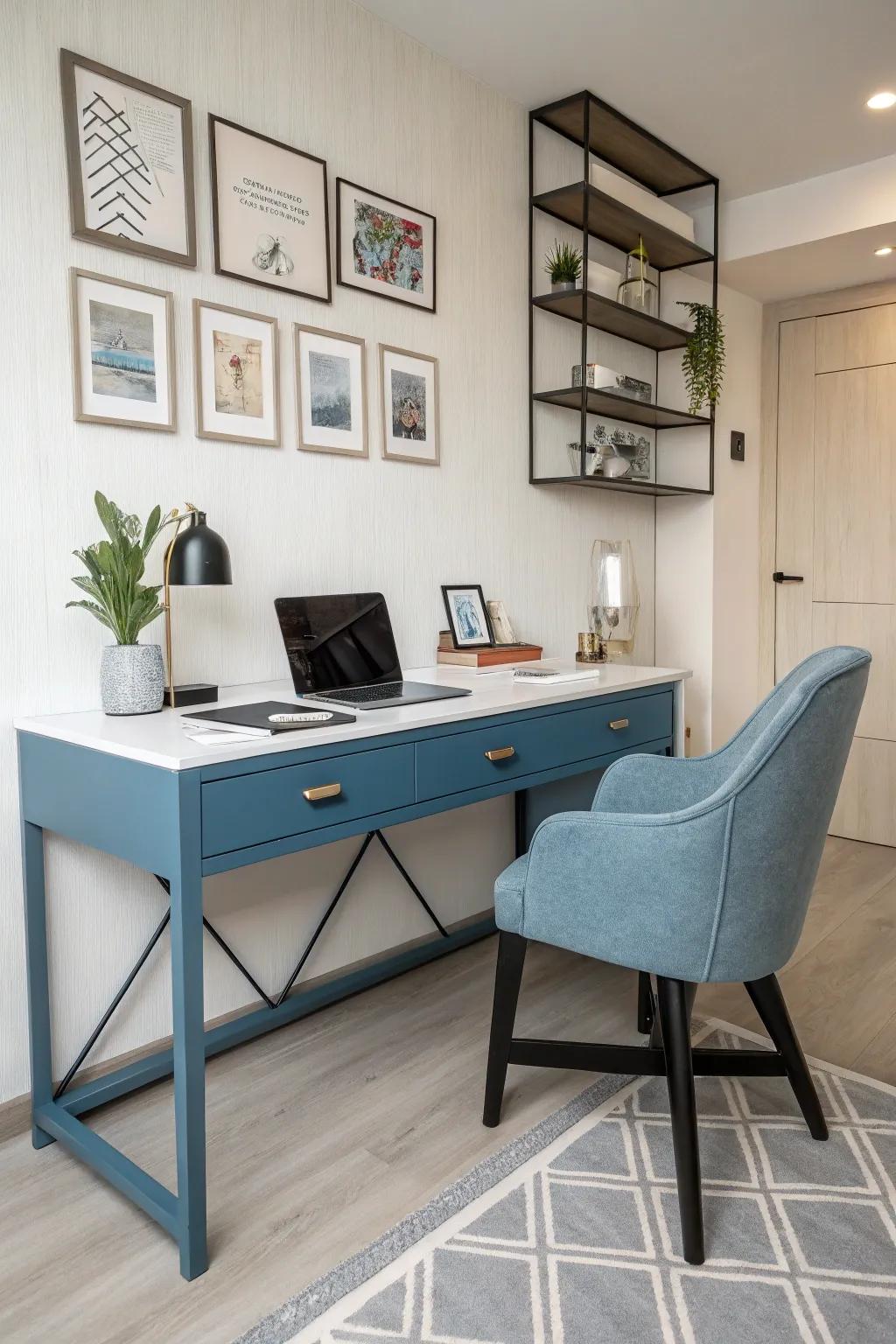 A blue desk serves as a stylish centerpiece.