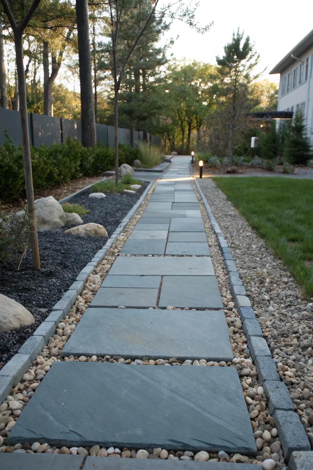 Gravel borders enhance the structure and aesthetics of bluestone paths.