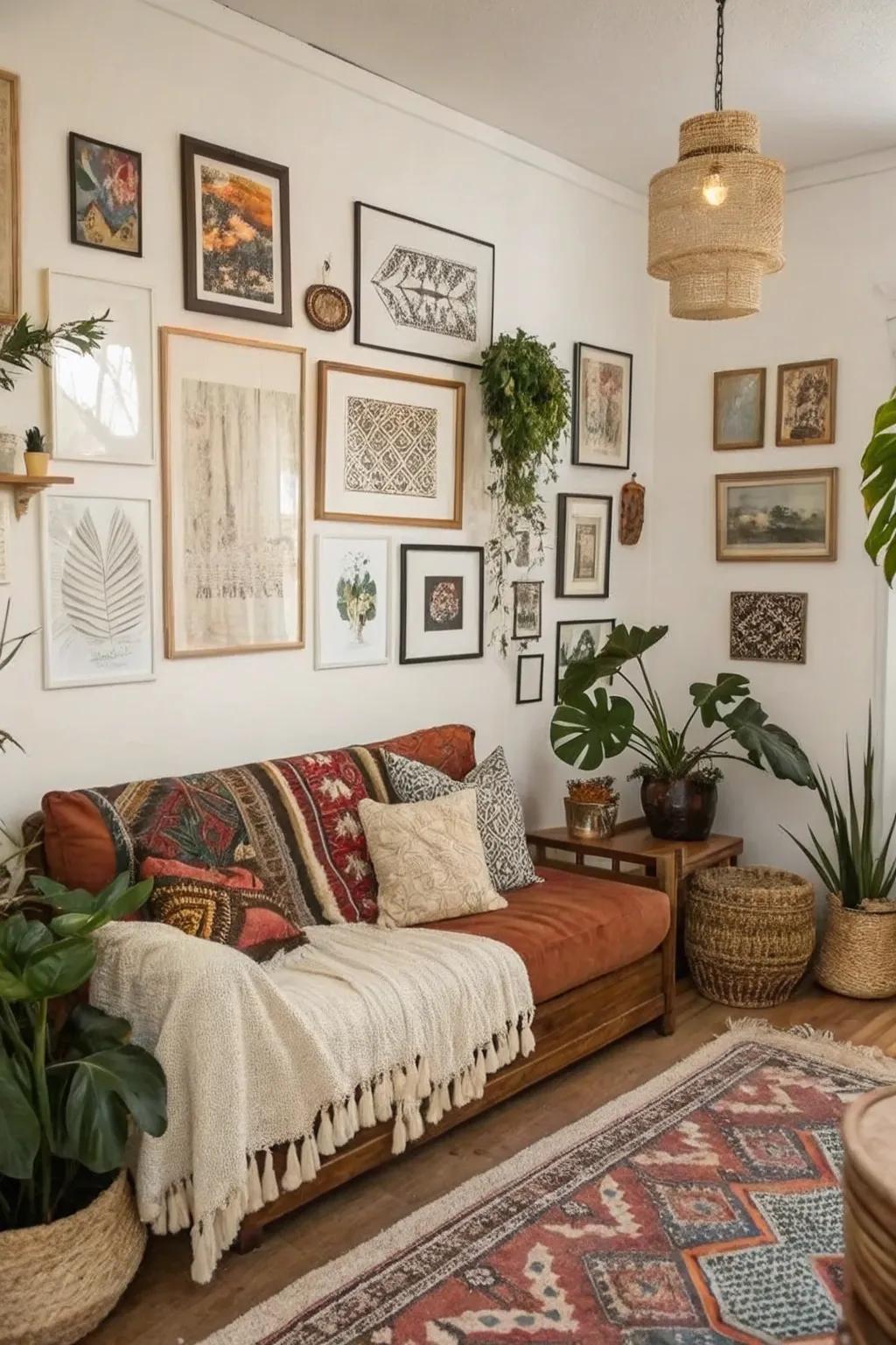 An eclectic gallery wall adds a personal touch to boho decor.