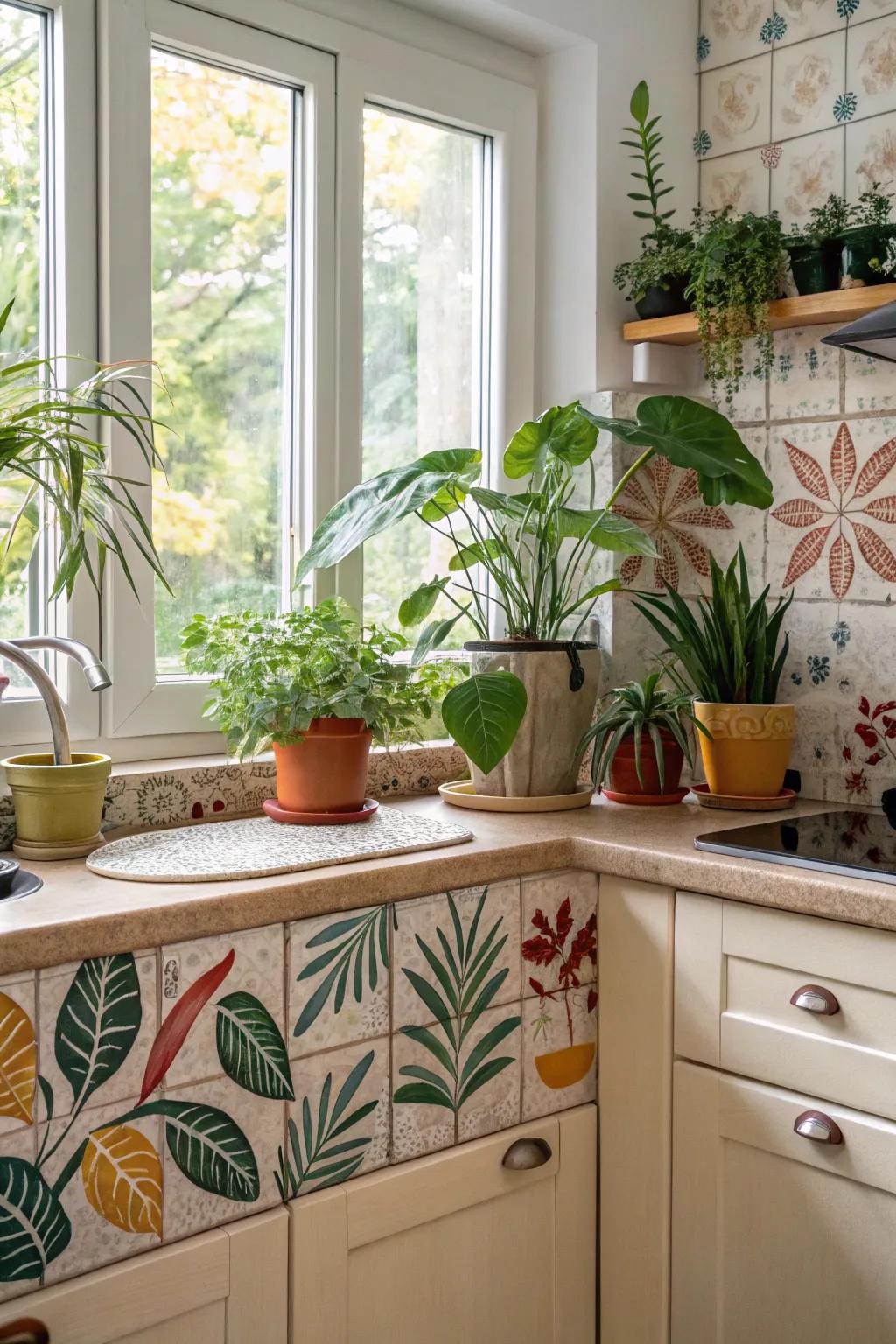 Botanical-inspired tiles give this kitchen a fresh, organic vibe.