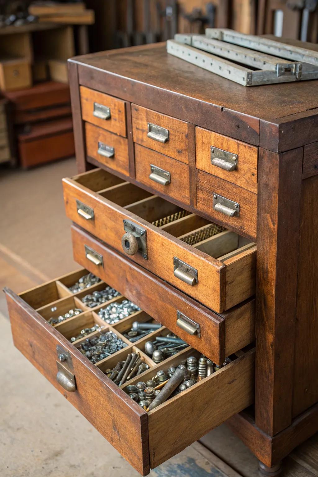 Transform vintage charm into practical elegance with repurposed drawer units for bolt storage.